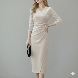 Kadın Uzun Kollu Kruvaze Yakalı Yandan Büzgülü önden çapraz Detaylı Midi Kadife Elbise , 31160