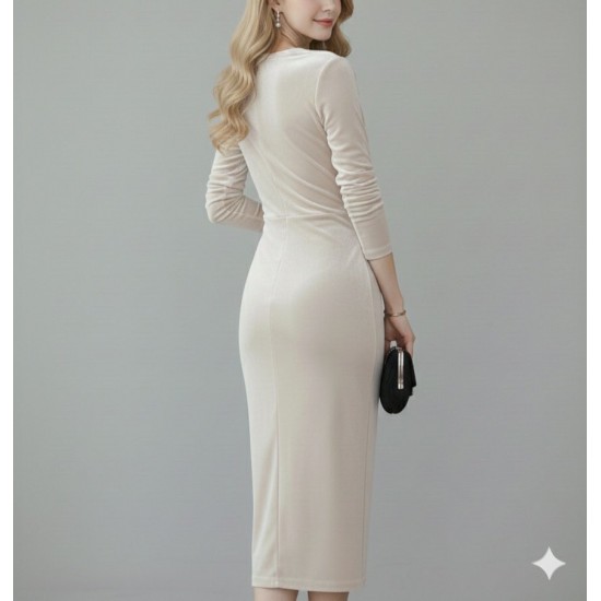 Kadın Uzun Kollu Kruvaze Yakalı Yandan Büzgülü önden çapraz Detaylı Midi Kadife Elbise , 31160