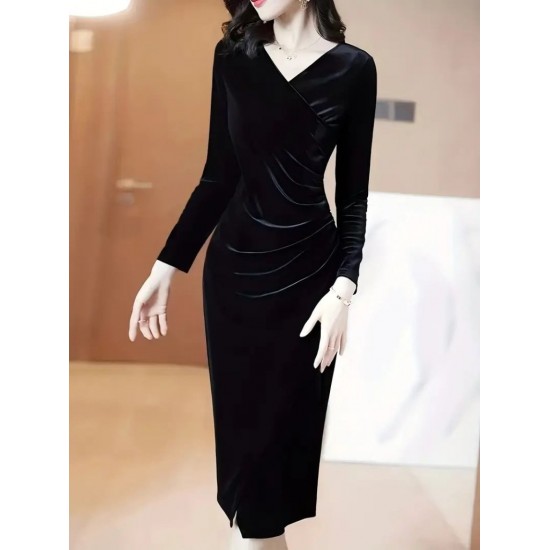 Kadın Uzun Kollu Kruvaze Yakalı Yandan Büzgülü önden çapraz Detaylı Midi Kadife Elbise , 31159 Kadın Uzun Kollu Kruvaze Yakalı Yandan Büzgülü önden çapraz Detaylı Midi Kadife Elbise , 31159