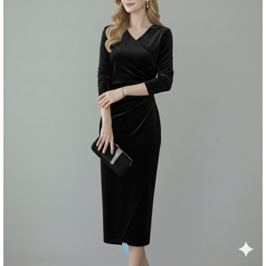 Kadın Uzun Kollu Kruvaze Yakalı Yandan Büzgülü önden çapraz Detaylı Midi Kadife Elbise , 31159 Kadın Uzun Kollu Kruvaze Yakalı Yandan Büzgülü önden çapraz Detaylı Midi Kadife Elbise , 31159