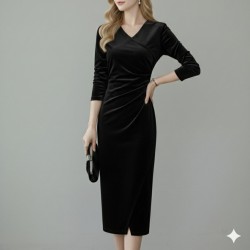 Kadın Uzun Kollu Kruvaze Yakalı Yandan Büzgülü önden çapraz Detaylı Midi Kadife Elbise , 31159