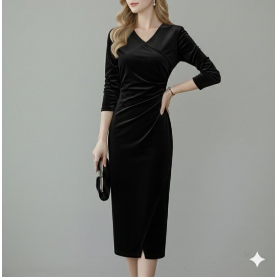 Kadın Uzun Kollu Kruvaze Yakalı Yandan Büzgülü önden çapraz Detaylı Midi Kadife Elbise , 31159 Kadın Uzun Kollu Kruvaze Yakalı Yandan Büzgülü önden çapraz Detaylı Midi Kadife Elbise , 31159