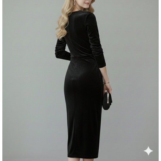 Kadın Uzun Kollu Kruvaze Yakalı Yandan Büzgülü önden çapraz Detaylı Midi Kadife Elbise , 31159 Kadın Uzun Kollu Kruvaze Yakalı Yandan Büzgülü önden çapraz Detaylı Midi Kadife Elbise , 31159