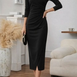 Kadın Uzun Kollu Kruvaze Yakalı Yandan Büzgülü önden çapraz Detaylı Midi Kadife Elbise , 31159