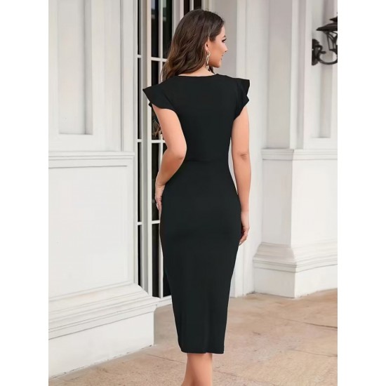 Kadın Kısa Fırfır Kollu Kruvaze Yakalı önden çapraz Detaylı Midi Janjan Krep Elbise , 31165