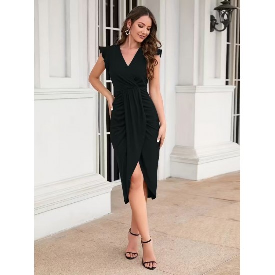 Kadın Kısa Fırfır Kollu Kruvaze Yakalı önden çapraz Detaylı Midi Janjan Krep Elbise , 31165