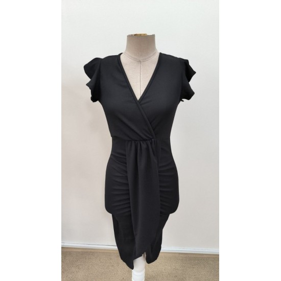 Kadın Kısa Fırfır Kollu Kruvaze Yakalı önden çapraz Detaylı Midi Janjan Krep Elbise , 31165