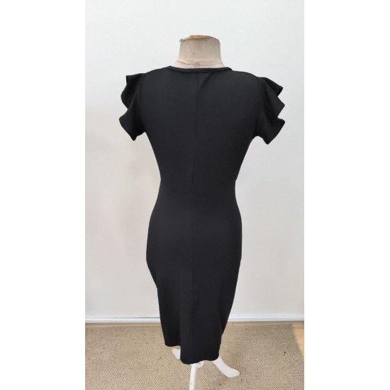 Kadın Kısa Fırfır Kollu Kruvaze Yakalı önden çapraz Detaylı Midi Janjan Krep Elbise , 31165