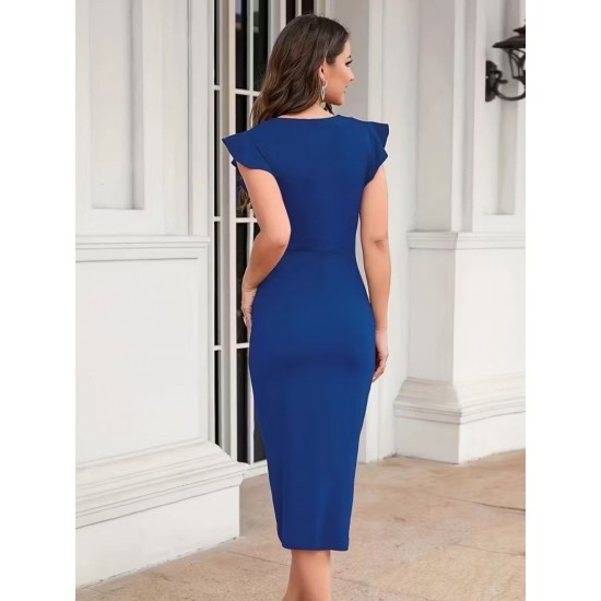 Kadın Kısa Fırfır Kollu Kruvaze Yakalı önden çapraz Detaylı Midi Janjan Krep Elbise , 31164