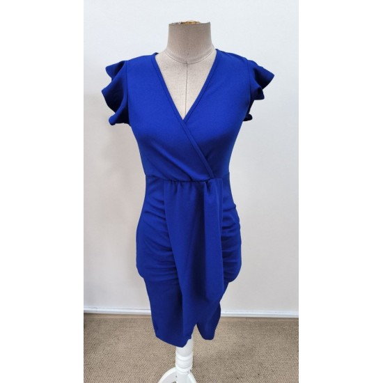 Kadın Kısa Fırfır Kollu Kruvaze Yakalı önden çapraz Detaylı Midi Janjan Krep Elbise , 31164