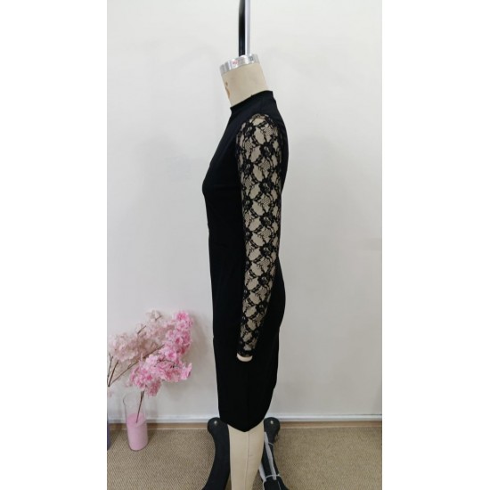 Kadın Uzun Kollu Balıkçı Yaka Göğüs Beli Dekolte Dantel Detaylı Yandan Yırtmaçlı Mini Ithal Krep Elbise , 31167