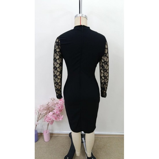 Kadın Uzun Kollu Balıkçı Yaka Göğüs Beli Dekolte Dantel Detaylı Yandan Yırtmaçlı Mini Ithal Krep Elbise , 31167