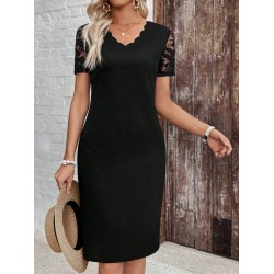 Kadın Kısa Kollu V Lazer Yaka Kesimli Kısa Ithal Krep Elbise , 31180