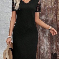 Kadın Kısa Kollu V Lazer Yaka Kesimli Kısa Ithal Krep Elbise , 31180