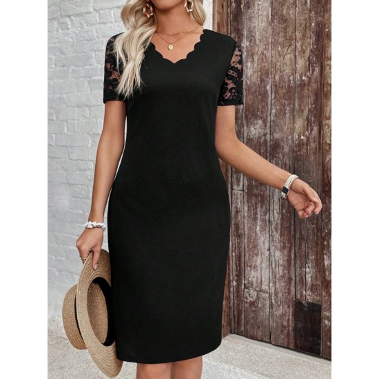 Kadın Kısa Kollu V Lazer Yaka Kesimli Kısa Ithal Krep Elbise , 31180