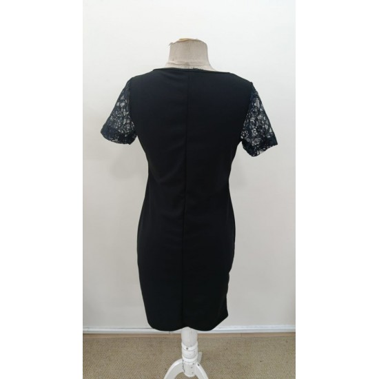 Kadın Kısa Kollu V Lazer Yaka Kesimli Kısa Ithal Krep Elbise , 31180