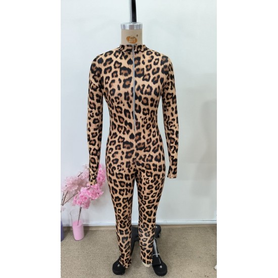 Kadın Uzun Kollu önden Fermuarlı Parmaktan Geçmeli Leopar Desenli Dalgıç Tulum, 31179