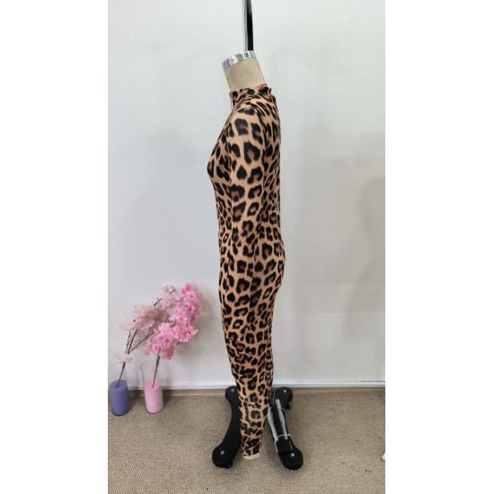 Kadın Uzun Kollu önden Fermuarlı Parmaktan Geçmeli Leopar Desenli Dalgıç Tulum, 31179