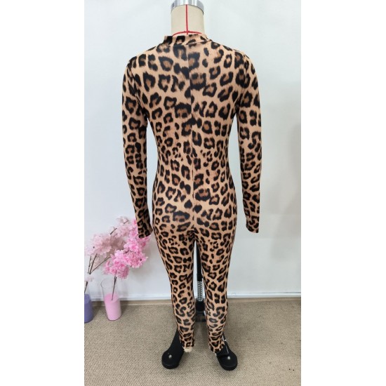 Kadın Uzun Kollu önden Fermuarlı Parmaktan Geçmeli Leopar Desenli Dalgıç Tulum, 31179