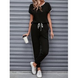 Kadın Kısa Kollu Yuvarlak Yakalı şerit Detaylı Viskon Iki Iplik Bluz Ve Pantolon Ikili Takım , 31177