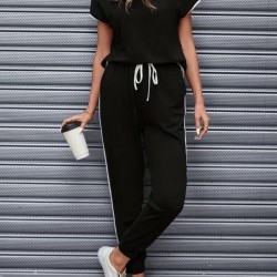 Kadın Kısa Kollu Yuvarlak Yakalı şerit Detaylı Viskon Iki Iplik Bluz Ve Pantolon Ikili Takım , 31177