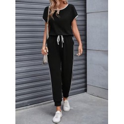 Kadın Kısa Kollu Yuvarlak Yakalı şerit Detaylı Viskon Iki Iplik Bluz Ve Pantolon Ikili Takım , 31177