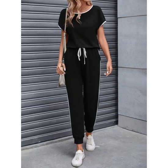 Kadın Kısa Kollu Yuvarlak Yakalı şerit Detaylı Viskon Iki Iplik Bluz Ve Pantolon Ikili Takım , 31177