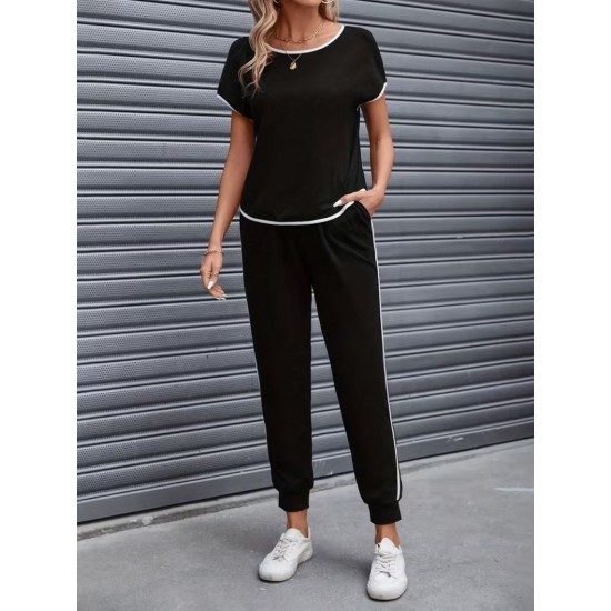 Kadın Kısa Kollu Yuvarlak Yakalı şerit Detaylı Viskon Iki Iplik Bluz Ve Pantolon Ikili Takım , 31177