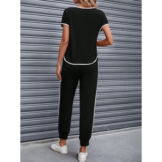 Kadın Kısa Kollu Yuvarlak Yakalı şerit Detaylı Viskon Iki Iplik Bluz Ve Pantolon Ikili Takım , 31177