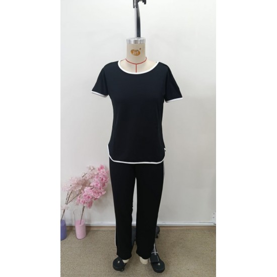 Kadın Kısa Kollu Yuvarlak Yakalı şerit Detaylı Viskon Iki Iplik Bluz Ve Pantolon Ikili Takım , 31177