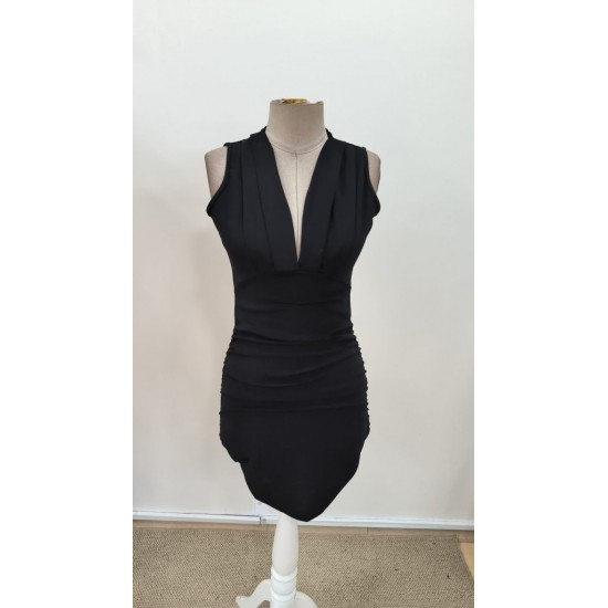 Kadın Askılı Kruvaze Yakalı Yandan Pile Detaylı Kısa Ithal Krep Elbise , 31175