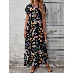 Kadın Kısa Kollu Bisiklet Yaka çiçek Desenli Uzun Süprem Elbise , 31170