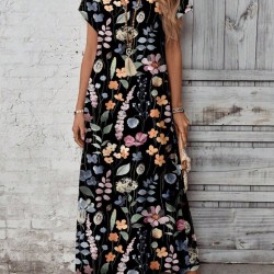 Kadın Kısa Kollu Bisiklet Yaka çiçek Desenli Uzun Süprem Elbise , 31170