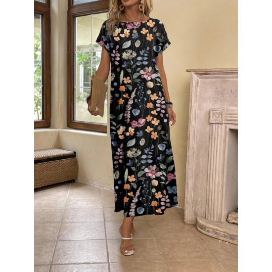 Kadın Kısa Kollu Bisiklet Yaka çiçek Desenli Uzun Süprem Elbise , 31170