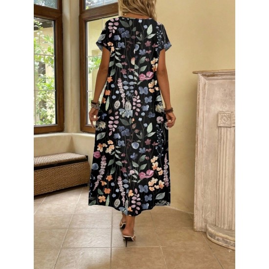 Kadın Kısa Kollu Bisiklet Yaka çiçek Desenli Uzun Süprem Elbise , 31170