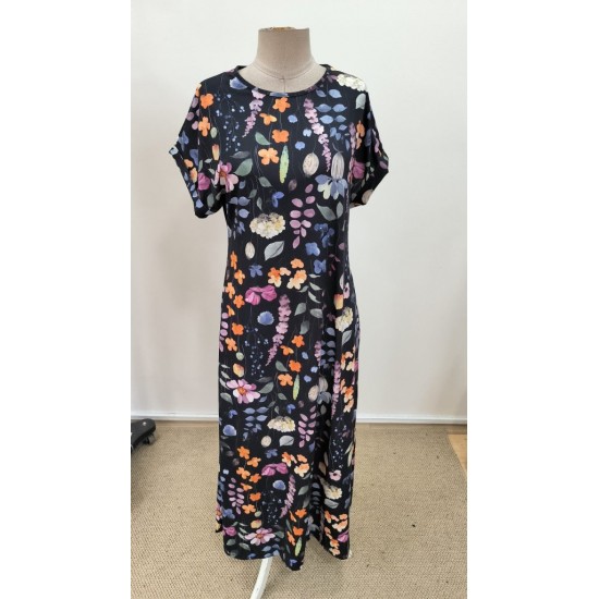 Kadın Kısa Kollu Bisiklet Yaka çiçek Desenli Uzun Süprem Elbise , 31170