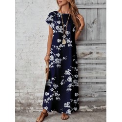 Kadın Kısa Kollu Bisiklet Yaka çiçek Desenli Uzun Süprem Elbise , 31169