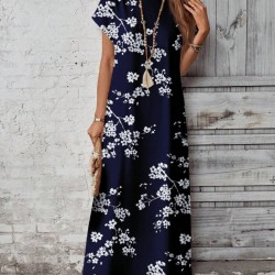 Kadın Kısa Kollu Bisiklet Yaka çiçek Desenli Uzun Süprem Elbise , 31169