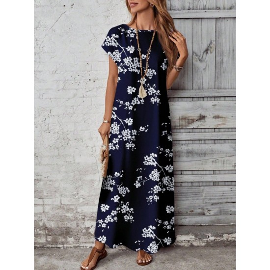 Kadın Kısa Kollu Bisiklet Yaka çiçek Desenli Uzun Süprem Elbise , 31169