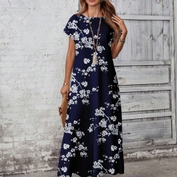 Kadın Kısa Kollu Bisiklet Yaka çiçek Desenli Uzun Süprem Elbise , 31169 Kadın Kısa Kollu Bisiklet Yaka çiçek Desenli Uzun Süprem Elbise , 31169