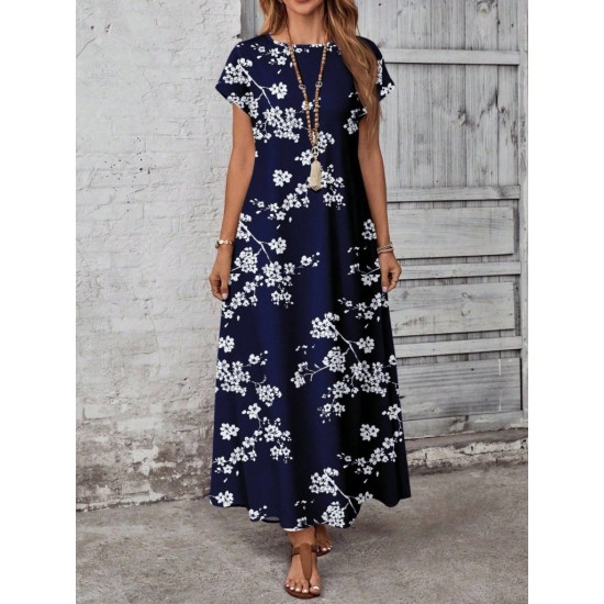 Kadın Kısa Kollu Bisiklet Yaka çiçek Desenli Uzun Süprem Elbise , 31169