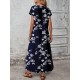 Kadın Kısa Kollu Bisiklet Yaka çiçek Desenli Uzun Süprem Elbise , 31169