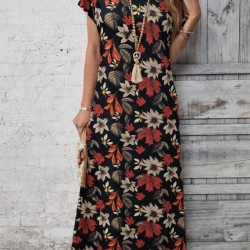 Kadın Kısa Kollu Bisiklet Yaka çiçek Desenli Uzun Süprem Elbise , 31168