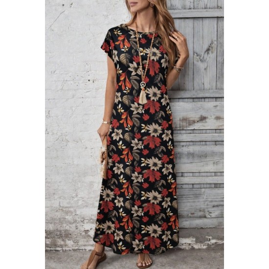 Kadın Kısa Kollu Bisiklet Yaka çiçek Desenli Uzun Süprem Elbise , 31168