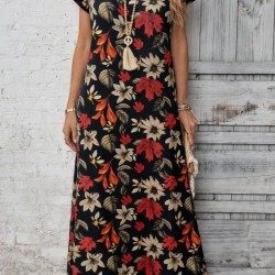 Kadın Kısa Kollu Bisiklet Yaka çiçek Desenli Uzun Süprem Elbise , 31168 Kadın Kısa Kollu Bisiklet Yaka çiçek Desenli Uzun Süprem Elbise , 31168