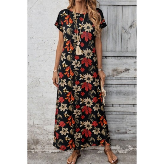 Kadın Kısa Kollu Bisiklet Yaka çiçek Desenli Uzun Süprem Elbise , 31168