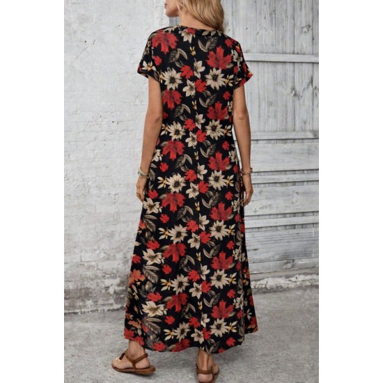 Kadın Kısa Kollu Bisiklet Yaka çiçek Desenli Uzun Süprem Elbise , 31168