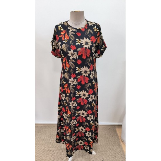 Kadın Kısa Kollu Bisiklet Yaka çiçek Desenli Uzun Süprem Elbise , 31168