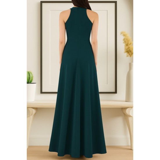 Kadın Kolsuz Halter Yaka Derin Yırtmaç Detaylı Tam Boy Ithal Krep Elbise, 31261