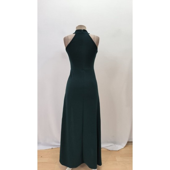 Kadın Kolsuz Halter Yaka Derin Yırtmaç Detaylı Tam Boy Ithal Krep Elbise, 31261